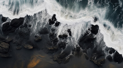 water lapping rocks, black sand, rough sea - obrazy, fototapety, plakaty