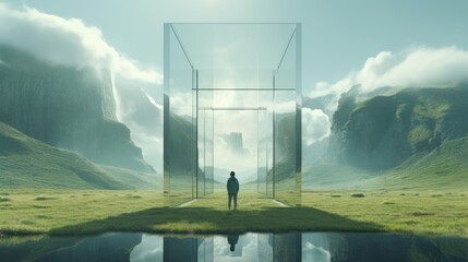 a abstract beautiful landscape panorama of the scenic view with nordic mountains river and green grass land. A silhouette of a guy on a path walking. huge mirror glass cube matrix shape. Generative AI - obrazy, fototapety, plakaty