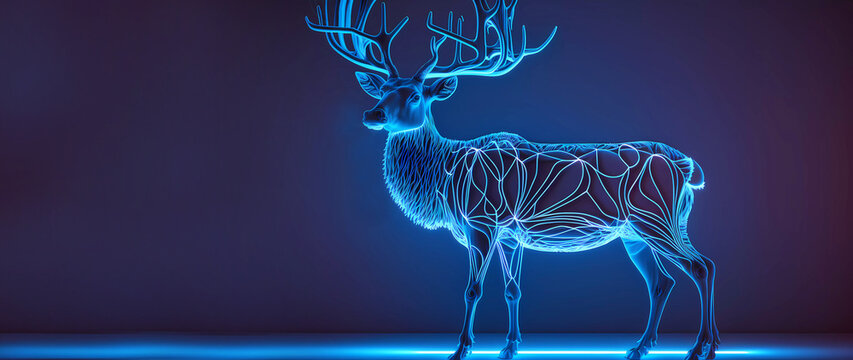 Deer glowing on a blue background. Christmas. Neon. Deer in the forest. Banner. Generated AI