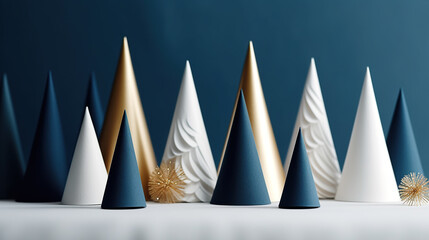 A row of white and gold christmas trees. Generative AI. Simple Christmas trees.