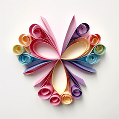 A multicolored paper flower on a white surface. Generative AI.