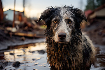 A wet dog standing in a puddle of water. Generative AI. Keeping animals safe during floods. All...