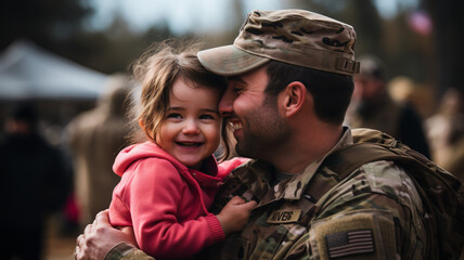 Fototapeta premium Embracing Love: A Soldier's Tender Hug with his Child