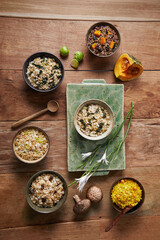 K-FOOD: Korean traditional multi-grain rice, traditional table, vintage