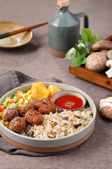 K-FOOD: Korean diet dishes, meatballs, eggs, tomatoes, meat, sausages organized on the table