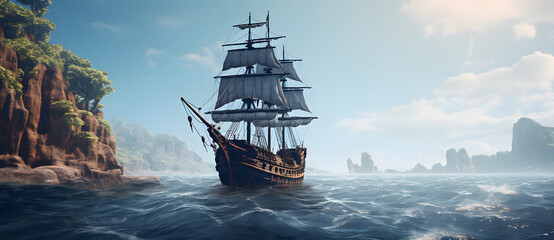 Naklejka premium pirate ship sailing through the waters in a beautiful scene Generated by AI