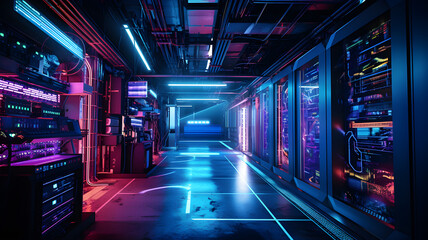 Data center with server racks, 3D concept illustration of information technology, cyber network,visualization of the future of technology storage cloud, neon data center, cloud system, colorful neon, 