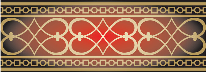 Vector gold and red seamless classic renaissance ornament. Endless european border, revival style frame..