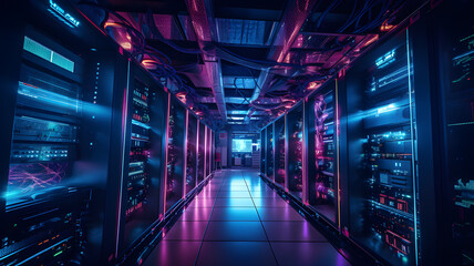 Data center with server racks, 3D concept illustration of information technology, cyber network,visualization of the future of technology storage cloud, neon data center, cloud system, colorful neon, 