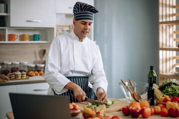 The skilled master chef prepares a vegetable wrap with great passion and care. Mix all the ingredients and materials carefully and precisely with expertise. Served with a flavorful sauce on top.