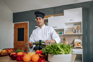 The skilled master chef prepares a vegetable wrap with great passion and care. Mix all the ingredients and materials carefully and precisely with expertise. Served with a flavorful sauce on top.