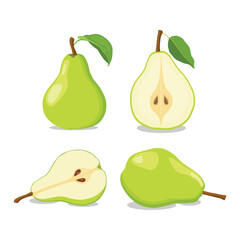 Vector illustration of set of colorful icons pear fruit, whole and cut on white background. Design for textiles, labels, posters, web elements. Green and yellow pear fruit in cartoon flat style