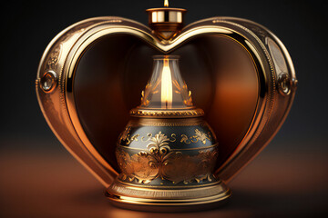 Fototapeta na wymiar A beautiful traditional oil lamp in the shape of a heart on a reflective surface. Generative AI_11.