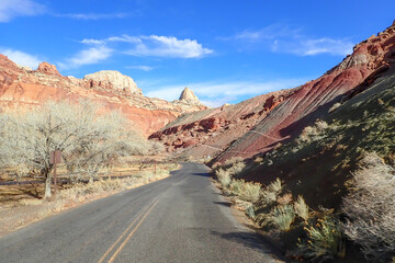 Road through colorful sandstone rock formations at Capitol Reef National Park, Utah, USA