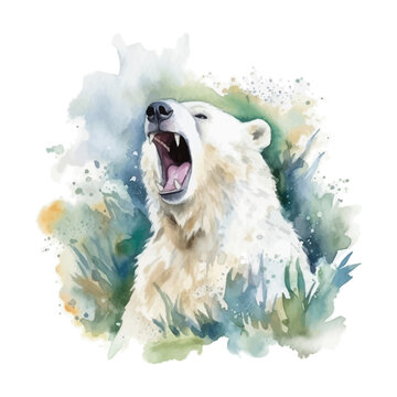 Roaring polar bear cartoon in watercolor painting style