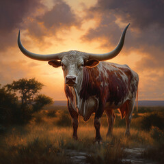 illustration of a longhorn steer in the sunset - obrazy, fototapety, plakaty