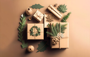 Fototapeta na wymiar Christmas and New Year with gift boxes and decor. Flat lay on a brown background. Banner. Wallpaper. bokeh. created by AI