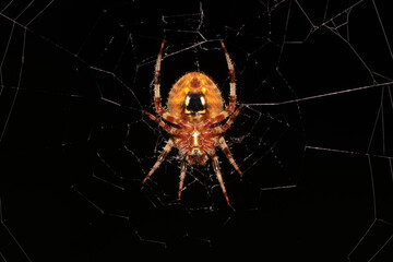 a Hentz Orb-weaver at night clinging to its web, scientific name Neoscona crucifera