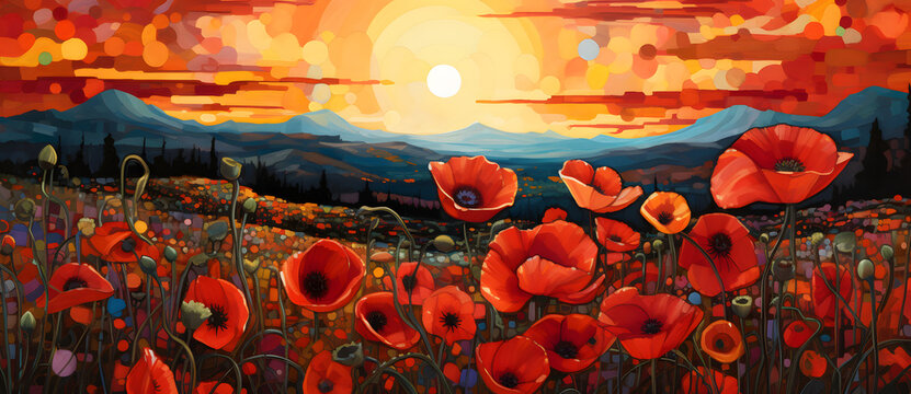 a painting of poppies in a field with the sun setting in the background Generated by AI
