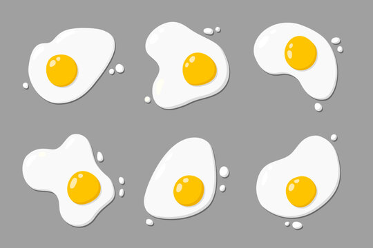Set of different images of fried eggs on a gray background