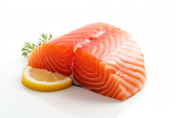 Fresh piece of salmon meat against a clean white background, highlighting its vibrant color and tender texture. Generative AI.