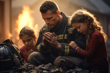 Firefighter Praying with Children 