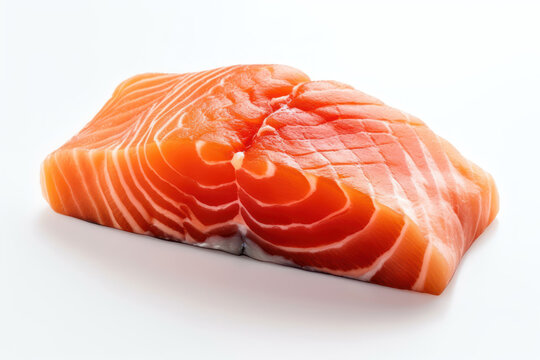 Fresh piece of salmon meat against a clean white background, highlighting its vibrant color and tender texture. Generative AI.