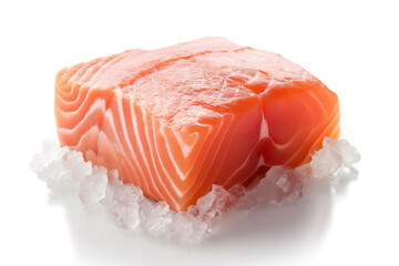 Fresh piece of salmon meat against a clean white background, highlighting its vibrant color and tender texture. Generative AI.