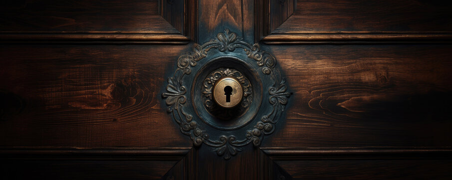 The master key hole. Security, vault, safe keeping concept. keyhole of old door or chest. Hand edited generative AI. 