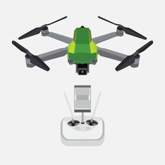 Vector illustration of modern air drones, quadrocopters and remote control drones isolated on white background. Flat cartoon style UAV for military and business equipment.