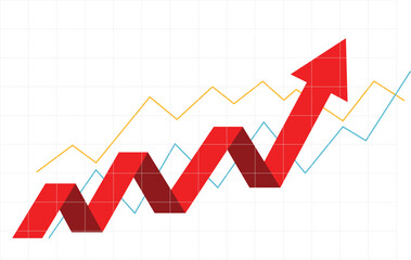 red bussiness arrow and graph stock market arrow growing pointing up on economic chart icon trending upwards financial board rises - obrazy, fototapety, plakaty