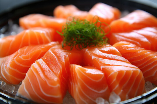 Fresh salmon sashimi, showcasing its vibrant color and exquisite texture, ready to delight sushi lovers. Generative AI.