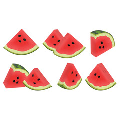Vector illustration cartoon sttle whole and slice watermelon fruit. Green striped berry with red pulp and brown bones, cut and chopped fruit, half and sliced for summer fresh with green leaves
