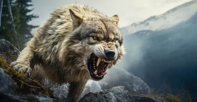 Portrait Ferocious Timber Wolf - Generative AI