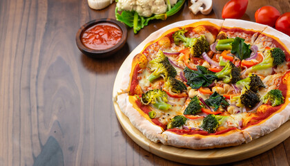veg pizza is made with the combination of delicious vegetables like broccoli, onion, capsicum, carrot, mushroom and cauliflower along with tomatoes and pizza sauce are placed on wooden plate.