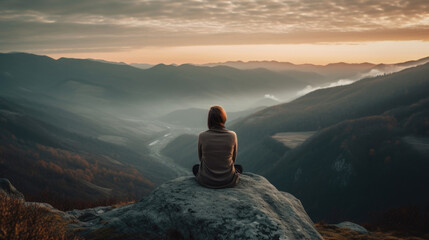Serene Summit - Young Woman Meditating Amidst Mountainous Landscape - Generative AI