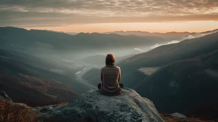 Keuken spatwand met foto Serene Summit - Young Woman Meditating Amidst Mountainous Landscape - Generative AI © illuminating images