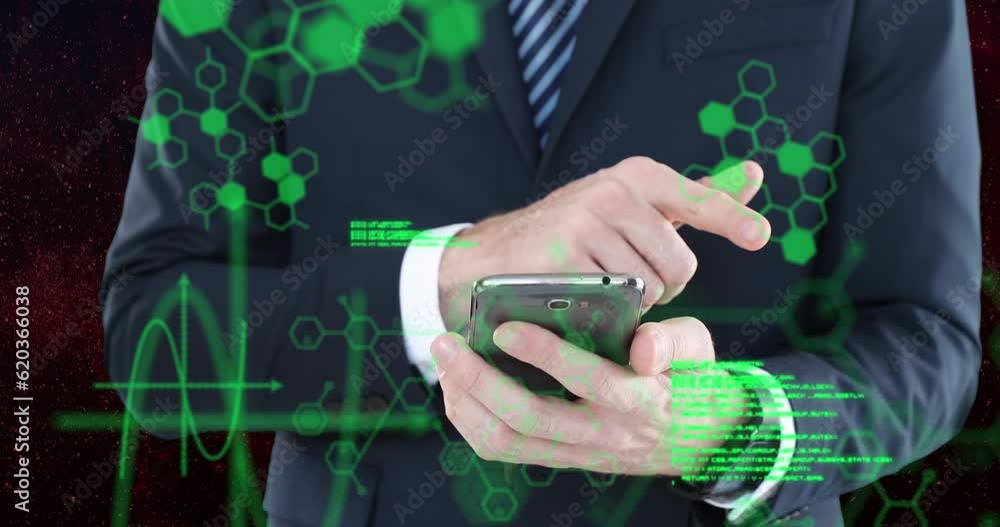 Poster animation of data processing over caucasian businessman using smartphone