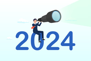 Confidence businessman look through telescope on year 2024, year 2024 outlook, business opportunity or new challenge ahead, vision to make decision or move forward, plan and perspective (Vector)