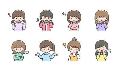 困った表情の女の子イラストセット　上半身
