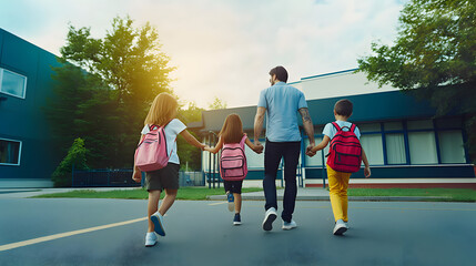Father and children with backpacks going to school. Concept of back to school. AI generated.