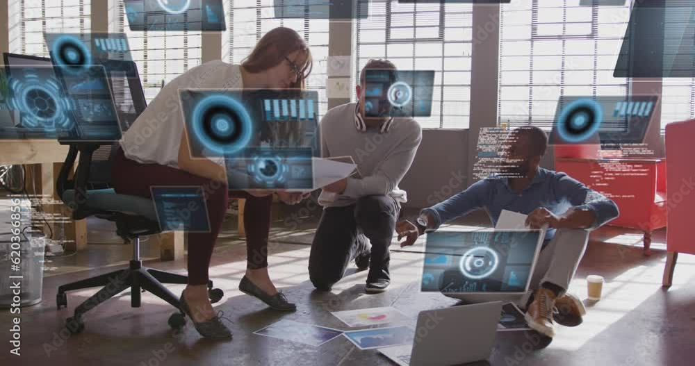 Poster animation of data processing against diverse colleagues discussing over documents at office