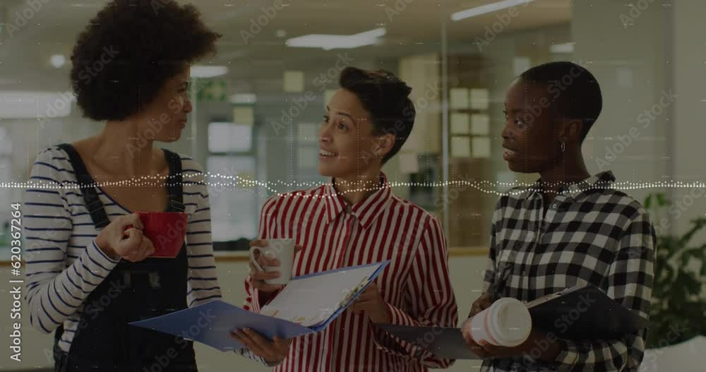 Poster animation of data processing over three diverse women discussing while having coffee at office