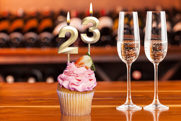Cupcake With Numbers And Glasses With Wine For Birthday Or Anniversary