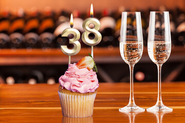 Cupcake With Numbers And Glasses With Wine For Birthday Or Anniversary