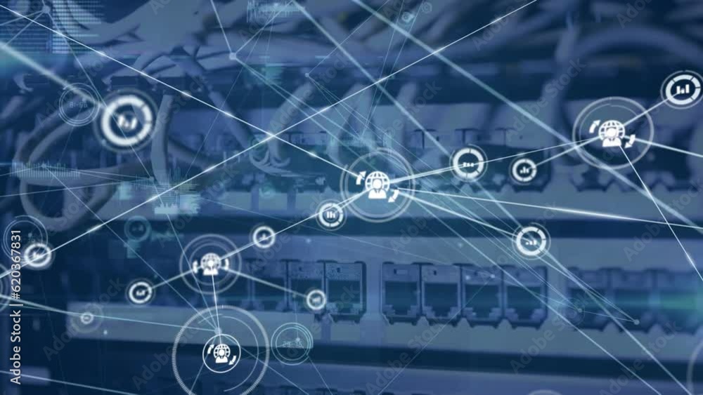 Poster animation of network of digital icons and data processing against close up of a computer server