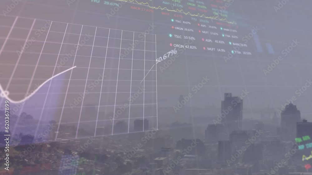 Poster animation of statistical and stock market data processing against aerial view of cityscape