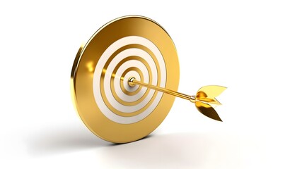 Golden arrow aim to dartboard target or goal of success isolated on white background with complete achievement concept. Ai generative