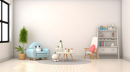 Interior childish home design. Minimalistic living room decoration. AI generated.