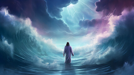 Fototapeta premium Jesus Christ walking on water during storm. AI generated